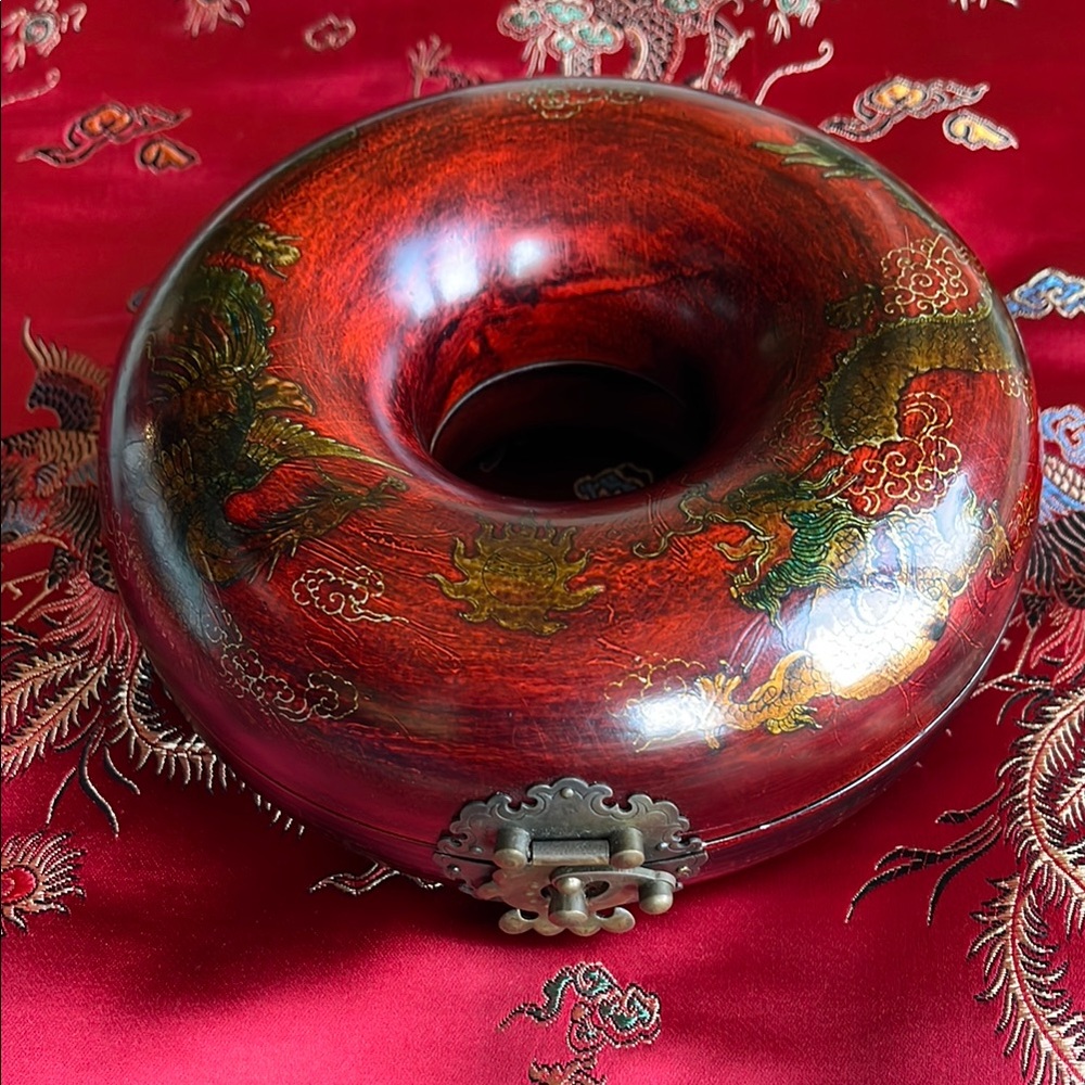 Vintage Chinese Donut Shaped Wood Necklace Box